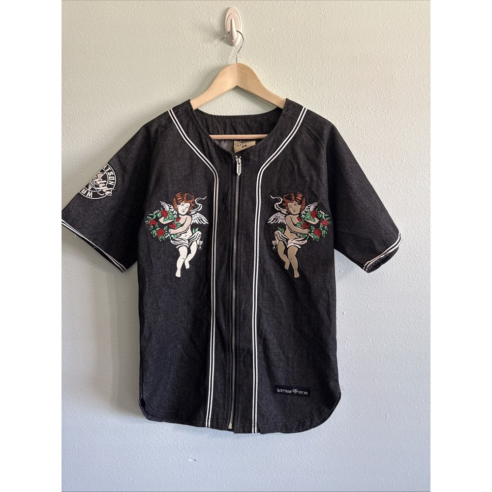Rare Watson Heaven Sent Hell Bent Angles‎ Black Denim Baseball Jersey Mens Sz XS